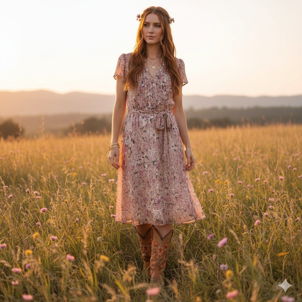 Everlily Women V Neck Fairy Midi Dress XL Pink Floral Pintuck Romantic Festival